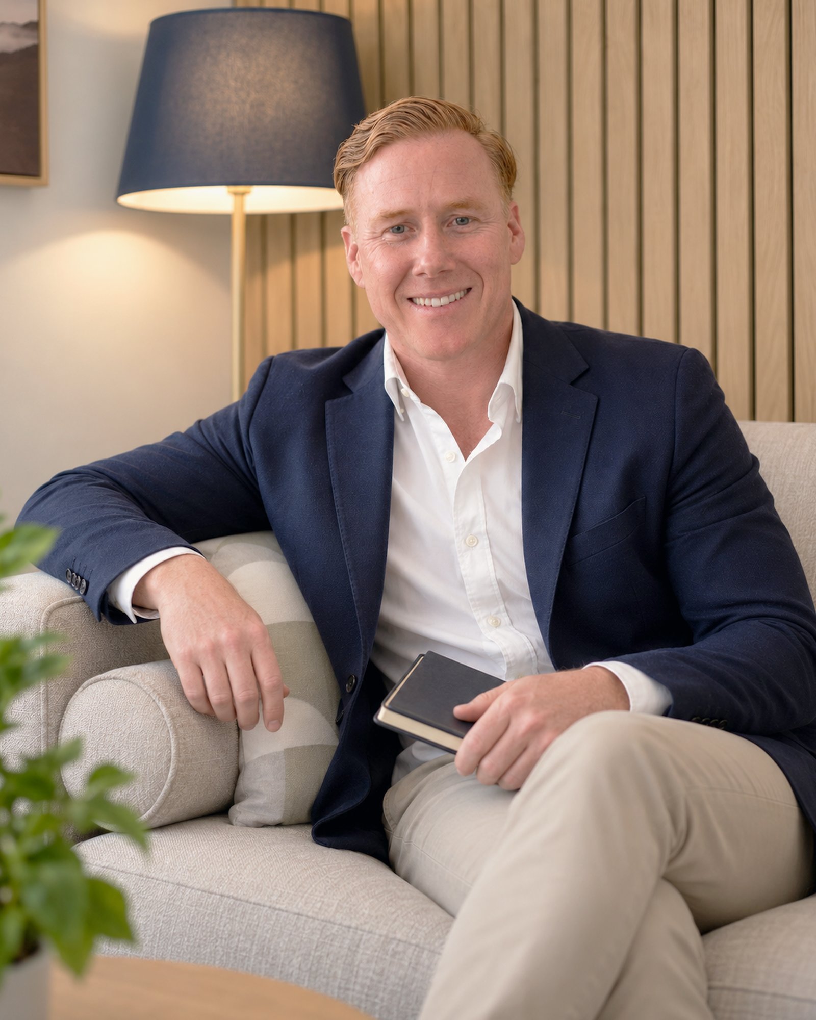 Tim Southwell seated with a notebook in his Greenslopes counselling rooms